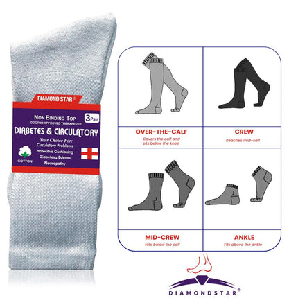 12 PAIRS MEN'S COTTON DIABETIC CREW SOCKS WHITE KING SIZE 13-15