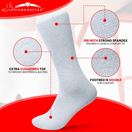 12 PAIRS MEN'S COTTON DIABETIC CREW SOCKS WHITE KING SIZE 13-15