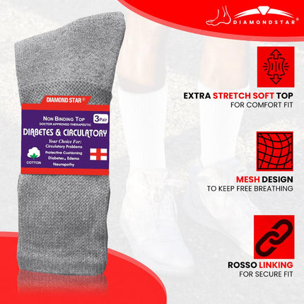 12 PAIRS MEN'S COTTON DIABETIC CREW SOCKS GREY KING SIZE 13-15