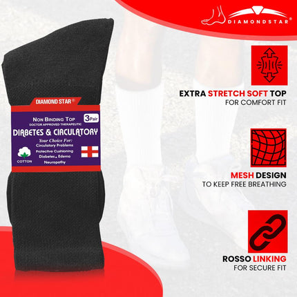 12 PAIRS MEN'S COTTON DIABETIC CREW SOCKS BLACK KING SIZE 13-15