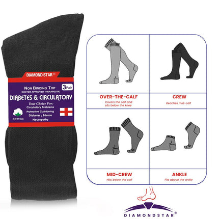 12 PAIRS MEN'S COTTON DIABETIC CREW SOCKS BLACK KING SIZE 13-15