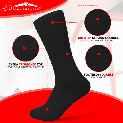 12 PAIRS MEN'S COTTON DIABETIC CREW SOCKS BLACK KING SIZE 13-15