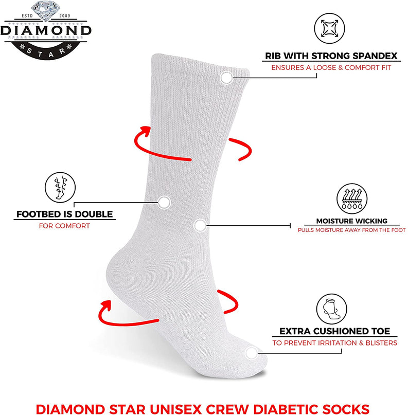 Diamond Star 12 Pack Diabetic Socks, Non-Binding Extra Wide Doctor Approved Cotton Socks for Men’s Women’s Big & Tall Size 13-15