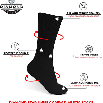 Diabetic Socks, Non-Binding Circulatory Cushion Cotton Crew Socks for Men Big & Tall Extra Wide Top Size 13-15