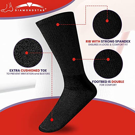 Diamond Star 6 Pairs Men’s Diabetic Socks Unisex Cotton Physician Approved Cushion Diabetic Crew Socks For Mens Womens