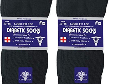 6 Pairs Black Diabetic Socks, Non-Binding Extra Wide Doctor Approved Cotton Socks for Men’s Women’s Big & Tall Size 13-15