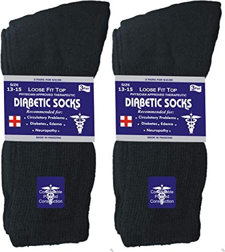 Men's Diabetic Cotton Socks Crew 6 Pairs Pack (Black, Big & Tall Men's 13-15/ Fits Men's Shoe Size 9-14)