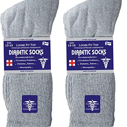 Mens Womens Unisex Diabetic Cotton Socks - Crew Length 6 Pairs Pack (Grey, Big & Tall Men's 13-15/ Fits Men's Shoe Size 9-14)