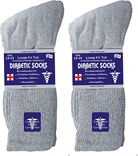 Mens Womens Unisex Diabetic Cotton Socks - Crew Length 6 Pairs Pack (Grey, Big & Tall Men's 13-15/ Fits Men's Shoe Size 9-14)