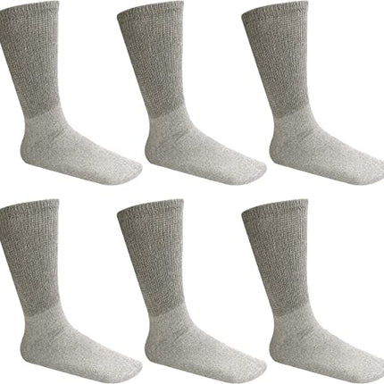 Mens Womens Unisex Diabetic Cotton Socks - Crew Length 6 Pairs Pack (Grey, Big & Tall Men's 13-15/ Fits Men's Shoe Size 9-14)