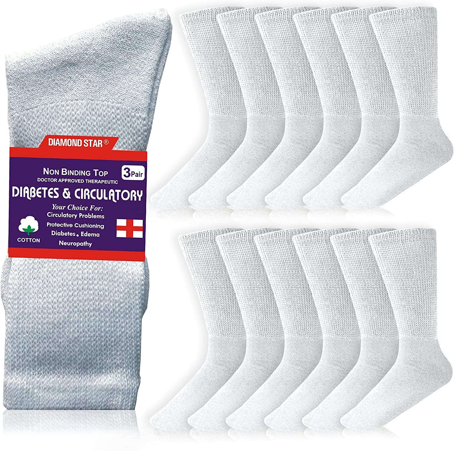 Diabetic Socks, Non-Binding Circulatory Cushion Cotton Crew Diabetic Socks for Men Women