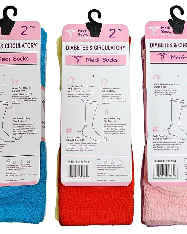 Diamond Star Diabetic Socks Combed Cotton Women's Crew Socks Health Circulatory Physicians Approved Non Binding Top 6 Pack 9-11 Mixed Color