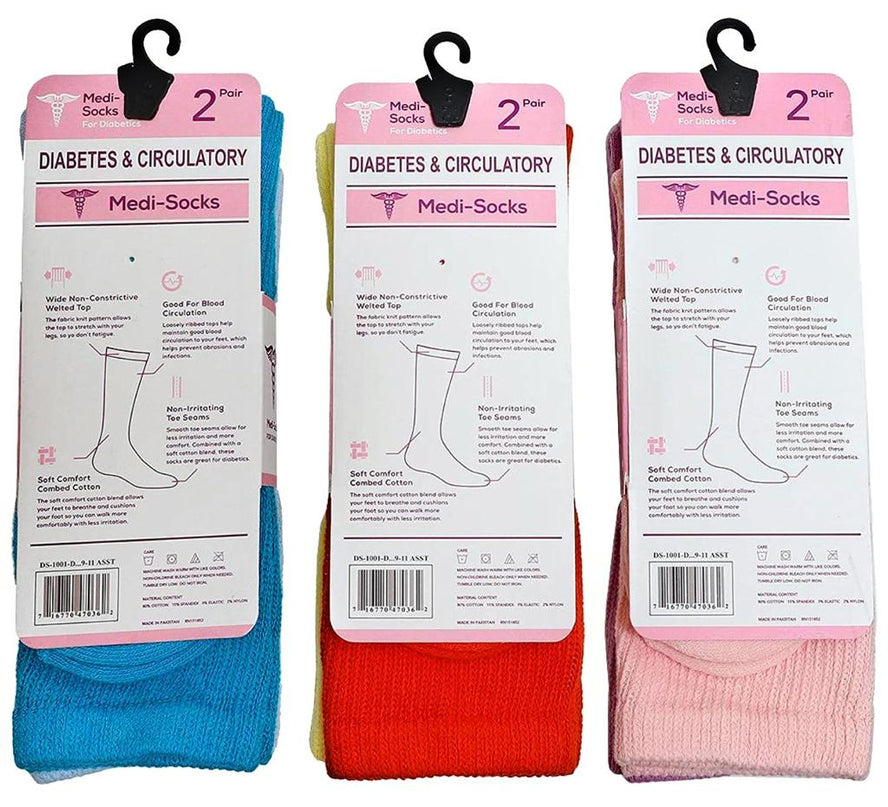 Diamond Star Diabetic Socks Combed Cotton Women's Crew Socks Health Circulatory Physicians Approved Non Binding Top 6 Pack 9-11 Mixed Color