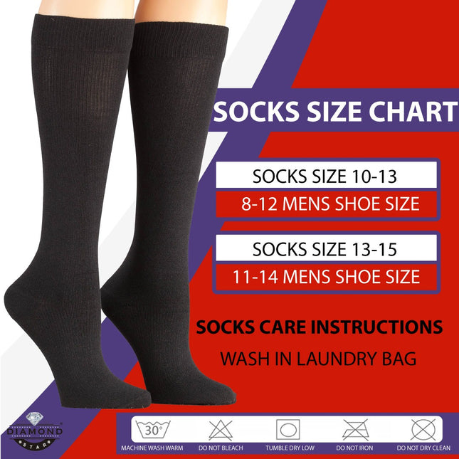 Diamond Star 6 Pairs of Diabetic Over The Calf - Knee High Cotton Socks (Black- 6 Pairs, Fit Men's Shoe Size 10-12)