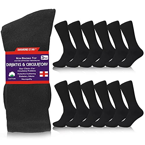 Diamond Star Diabetic Socks For Men Women Non-Binding Doctor Approved Diabetic Crew Socks Black 12 Pairs
