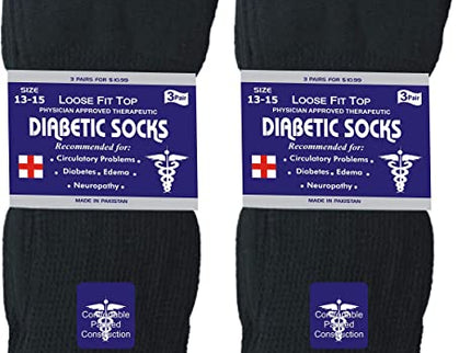 Mens Womens Unisex Diabetic Cotton Socks - Crew 6 Pairs Pack (Black, Men's / Women's 9-11/ Fits Shoe Size 5-10)