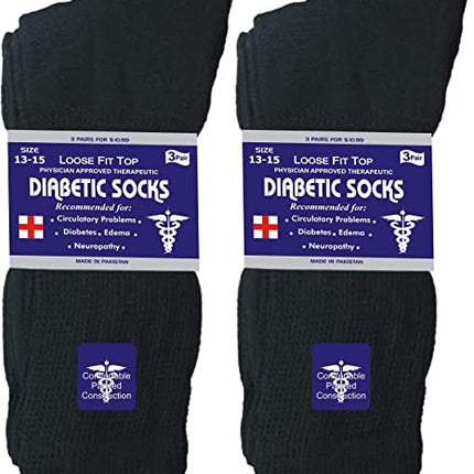 Mens Womens Unisex Diabetic Cotton Socks - Crew 6 Pairs Pack (Black, Men's / Women's 9-11/ Fits Shoe Size 5-10)