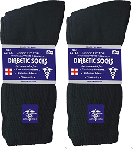 Mens Womens Unisex Diabetic Cotton Socks - Crew 6 Pairs Pack (Black, Men's / Women's 9-11/ Fits Shoe Size 5-10)
