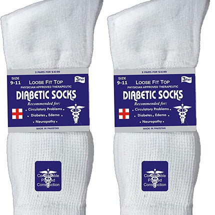 Mens Womens Unisex Diabetic Cotton Socks - Crew Length 6 Pairs Pack (White, Men's / Women's 9-11/ Fits Shoe Size 5-10)