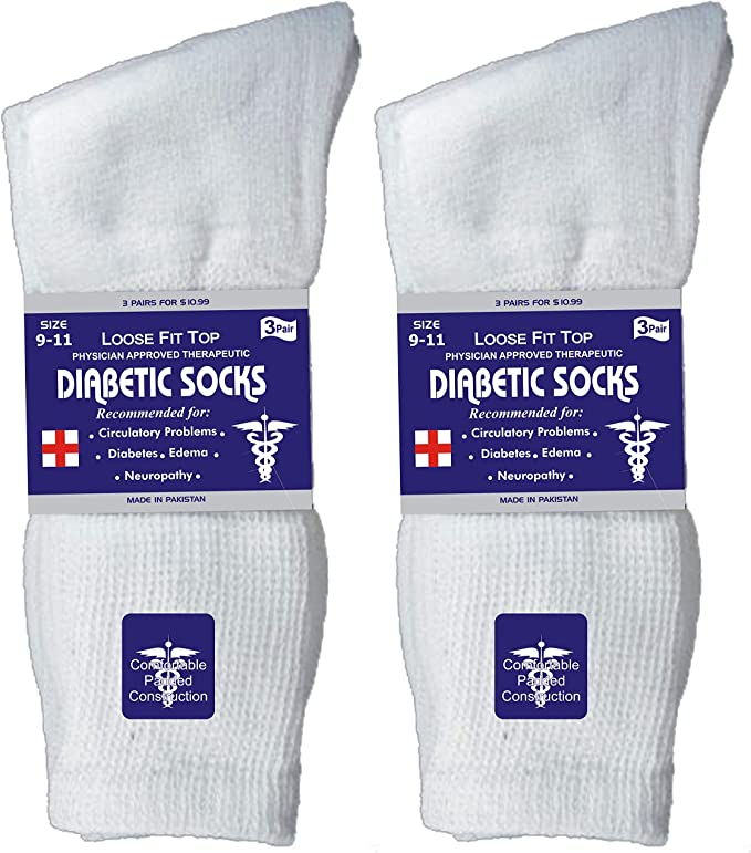 Mens Womens Unisex Diabetic Cotton Socks - Crew Length 6 Pairs Pack (White, Men's / Women's 9-11/ Fits Shoe Size 5-10)