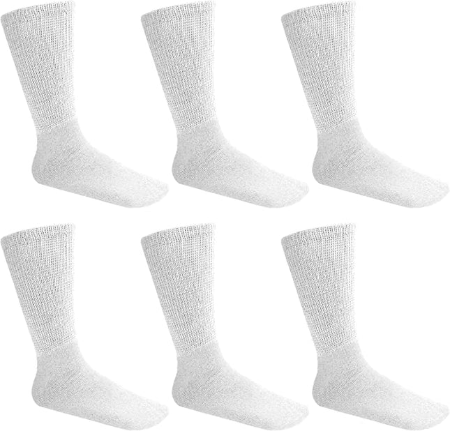 Mens Womens Unisex Diabetic Cotton Socks - Crew Length 6 Pairs Pack (White, Men's / Women's 9-11/ Fits Shoe Size 5-10)