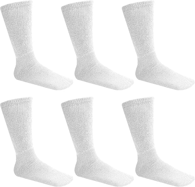 Mens Womens Unisex Diabetic Cotton Socks - Crew Length 6 Pairs Pack (White, Men's / Women's 9-11/ Fits Shoe Size 5-10)