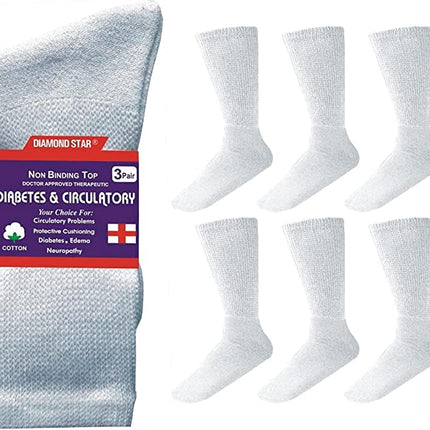 Diamond Star 6 Pairs Men’s Diabetic Socks Unisex Cotton Physician Approved Cushion Diabetic Crew Socks For Mens Womens (White, Big & Tall Men's 13-15/ Fits Men's Shoe Size 9-14)