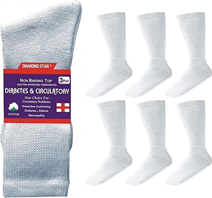 Diamond Star 6 Pairs Men’s Diabetic Socks Unisex Cotton Physician Approved Cushion Diabetic Crew Socks For Mens Womens (White, Big & Tall Men's 13-15/ Fits Men's Shoe Size 9-14)