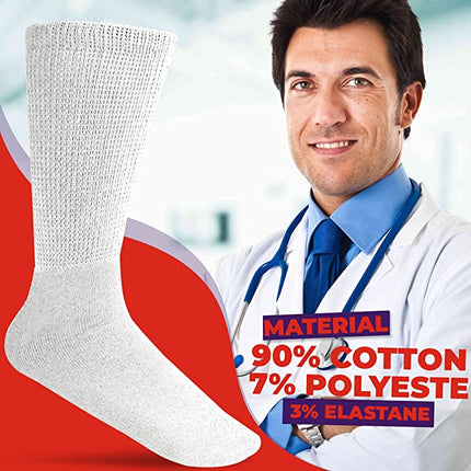 Diamond Star 6 Pairs Men’s Diabetic Socks Unisex Cotton Physician Approved Cushion Diabetic Crew Socks For Mens Womens (White, Big & Tall Men's 13-15/ Fits Men's Shoe Size 9-14)