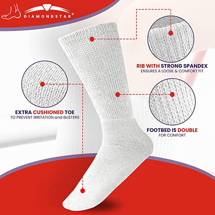 Diamond Star 6 Pairs Men’s Diabetic Socks Unisex Cotton Physician Approved Cushion Diabetic Crew Socks For Mens Womens (White, Big & Tall Men's 13-15/ Fits Men's Shoe Size 9-14)