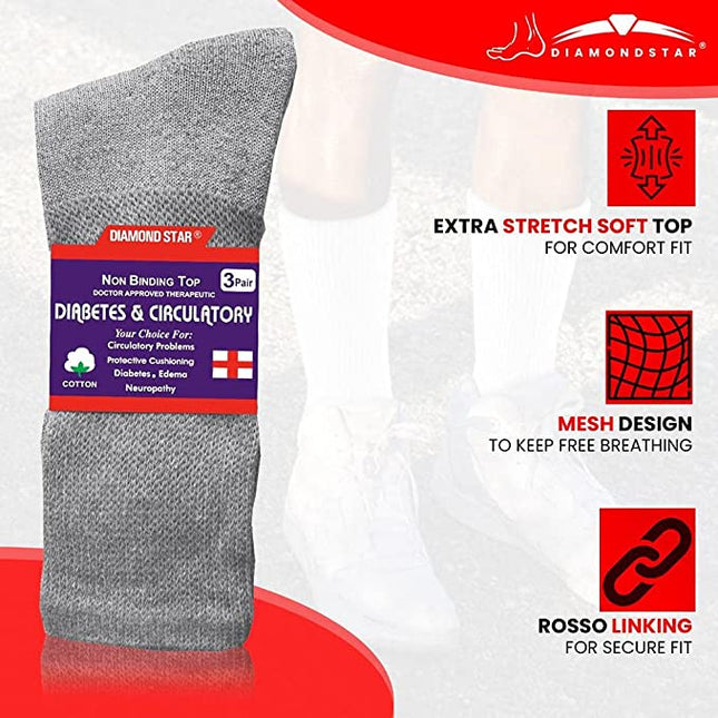 Diamond Star Diabetic Socks For Men Women Non-Binding Doctor Approved Diabetic Crew Socks Grey 12 Pairs