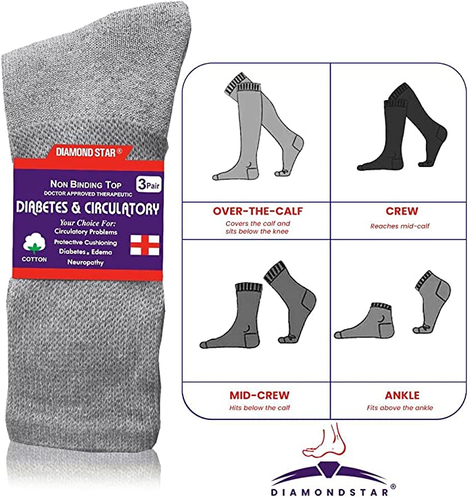Diamond Star Diabetic Socks For Men Women Non-Binding Doctor Approved Diabetic Crew Socks Grey 12 Pairs