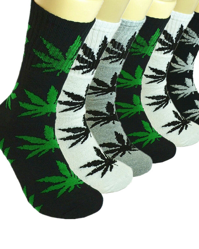 12 Pairs Men Sports Leaf Weed Marijuana Crew Cotton Long Socks Size 9-11 10-13
