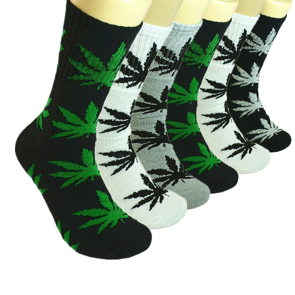 12 Pairs Men Sports Leaf Weed Marijuana Crew Cotton Long Socks Size 9-11 10-13