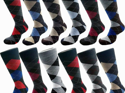 12 Pairs Mens Dress Socks Argyle Assorted  Colors Mid Calf Casual Cotton Size 10-13