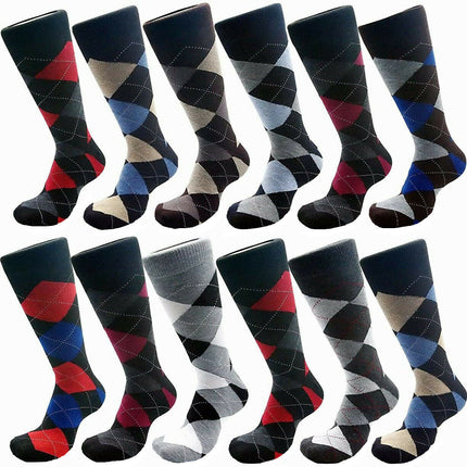 12 Pairs Mens Dress Socks Argyle Assorted  Colors Mid Calf Casual Cotton Size 10-13