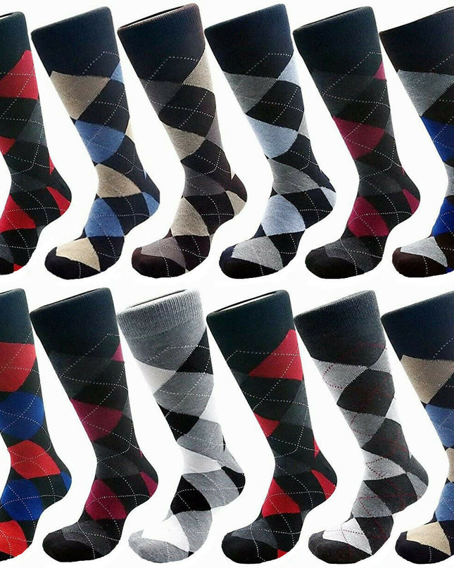 12 Pairs Mens Dress Socks Argyle Assorted  Colors Mid Calf Casual Cotton Size 10-13