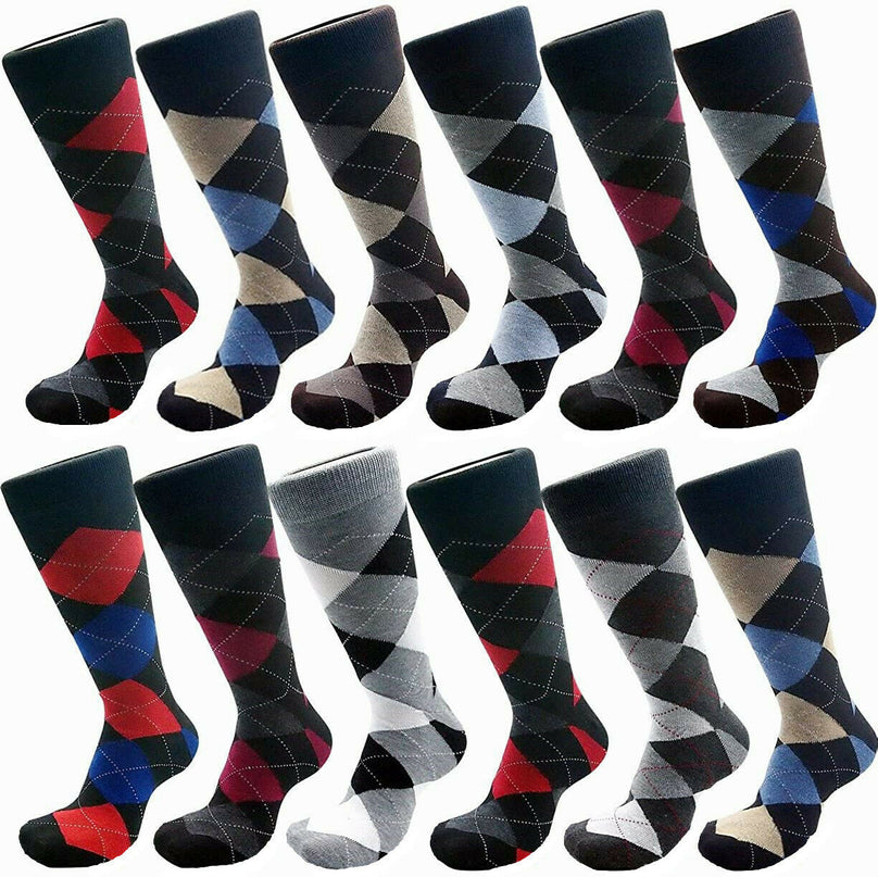 12 Pairs Mens Dress Socks Argyle Assorted  Colors Mid Calf Casual Cotton Size 10-13