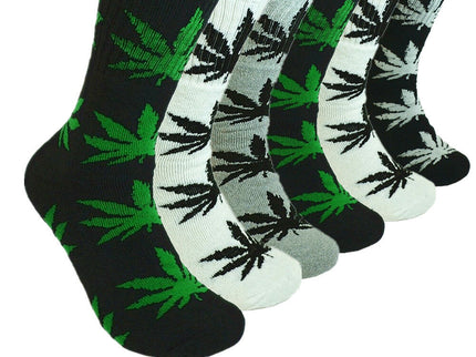 12 Pairs Men Sports Leaf Weed Marijuana Crew Cotton Long Socks Size 9-11 10-13
