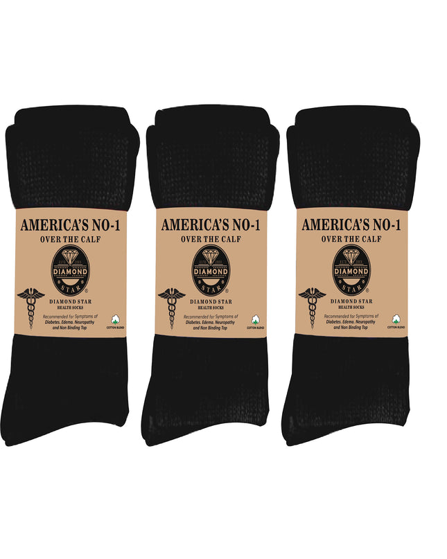 Diamond Star 6 Pairs of Diabetic Over The Calf - Knee High Cotton Socks (Black- 6 Pairs, Fit Men's Shoe Size 10-12)