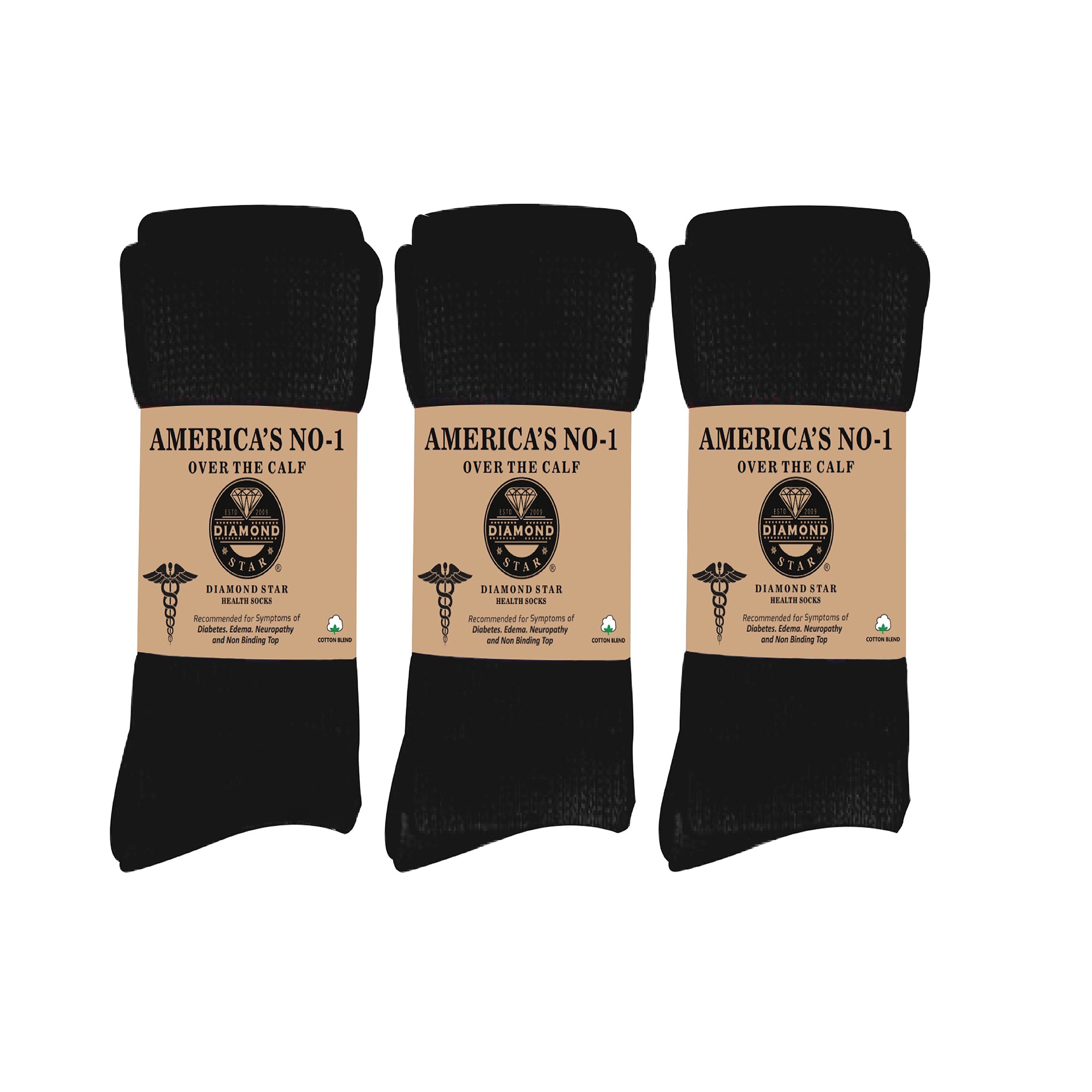 Diamond Star 6 Pairs of Diabetic Over The Calf - Knee High Cotton Socks (Black- 6 Pairs, Fit Men's Shoe Size 10-12)