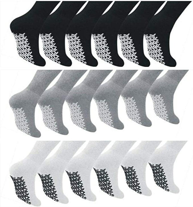 Diamond Star Anti Skid Socks Non Slip Non Binding with Grips Hospital Diabetic Crew Socks for Men Women (12 Pack Black, Men Women 9-11 Shoe Size 5-10)