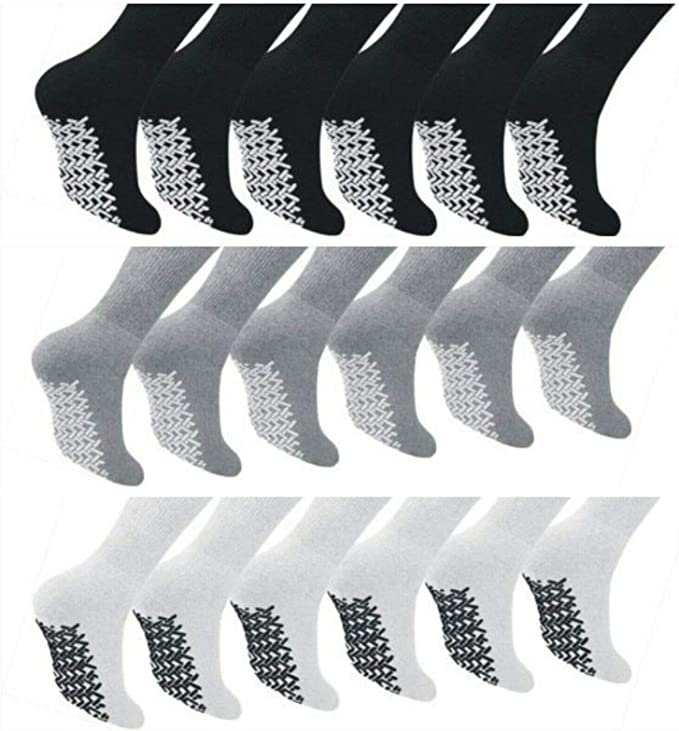 Diamond Star Anti Skid Socks Non Slip Non Binding with Grips Hospital Diabetic Crew Socks for Men Women (12 Pack Black, Men Women 9-11 Shoe Size 5-10)