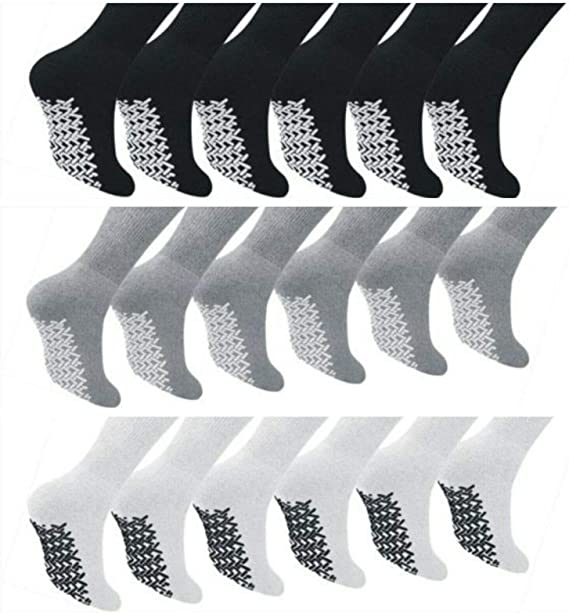 Diamond Star Anti Skid Socks Non Slip Non Binding with Grips Hospital Diabetic Crew Socks for Men Women (6 Pack Grey, Men 10-13 Shoe Size 7-12)