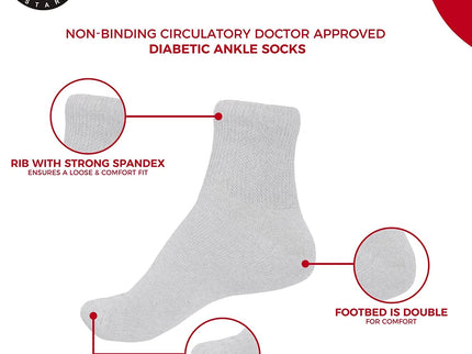 Diabetic Ankle Socks, Non-Binding Circulatory Doctor Approved Cushion Cotton Quarter Socks for Men’s Women’s 3,6,12 Pack