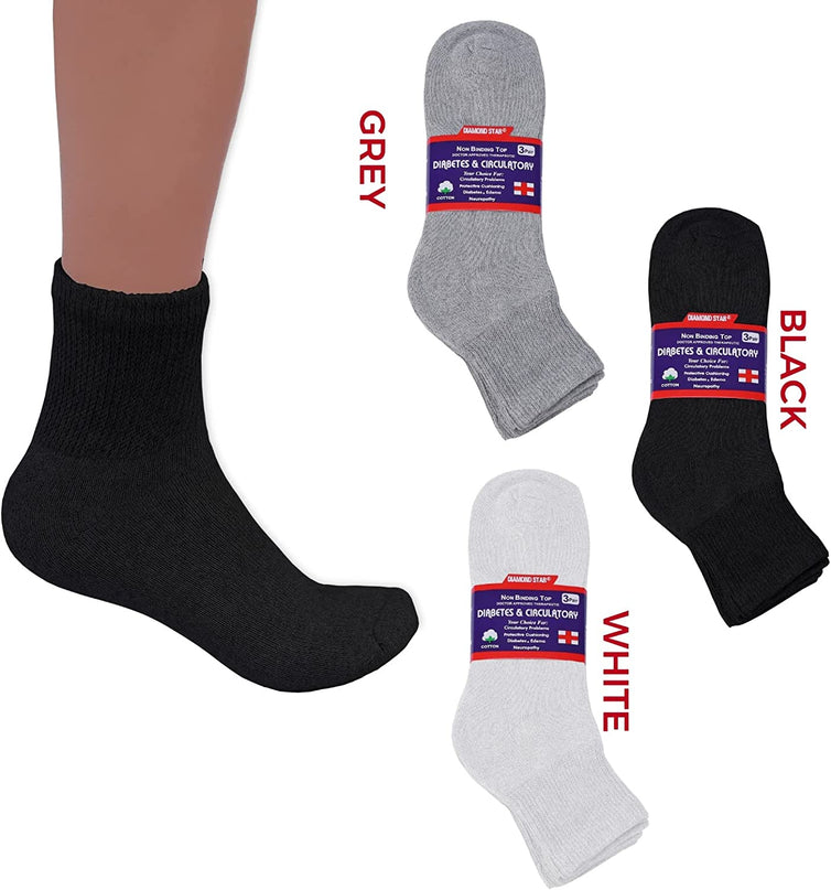 Diamond Star Diabetic Ankle Socks, Non-Binding Circulatory Doctor Approved Cushion Cotton Quarter Socks for Men’s Women’s 12 Pack