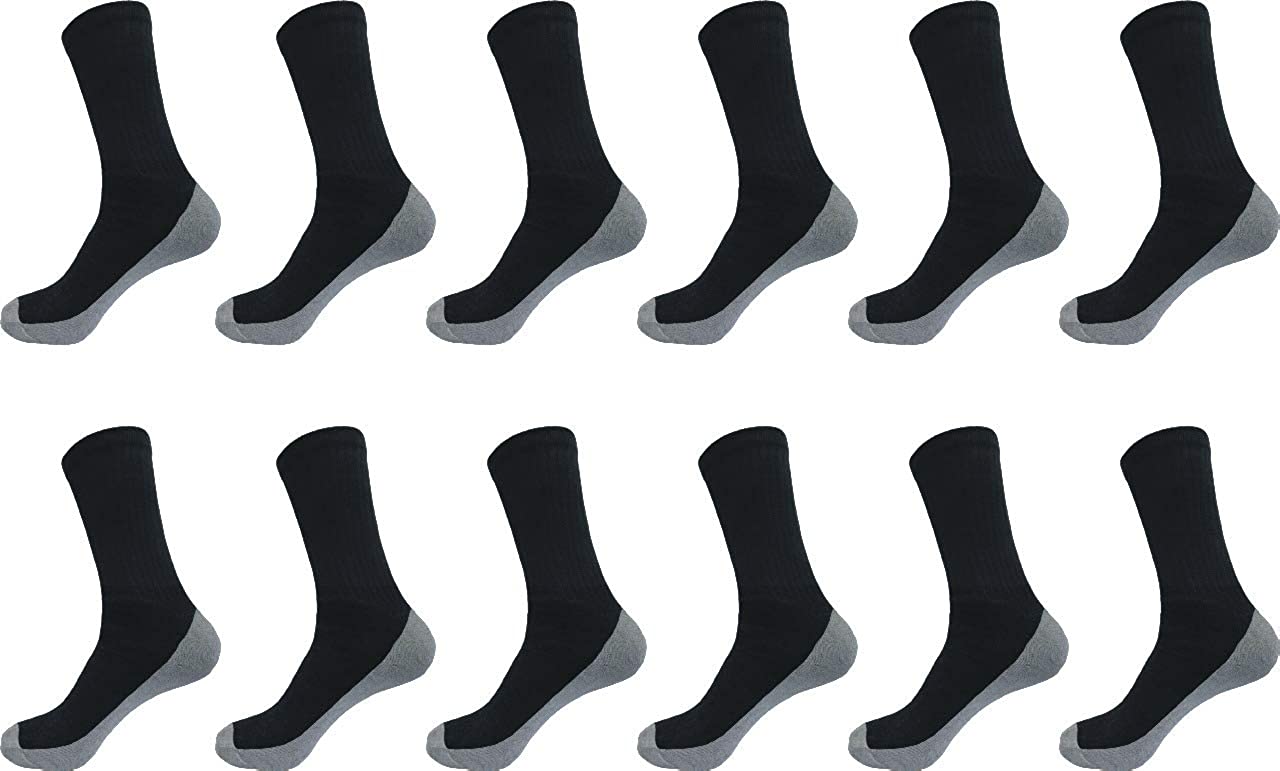 12 Pairs Men's Sports Cotton Crew Socks Everyday Work Performance Cushion (Black With Grey Cushion, 13-15 King Size)