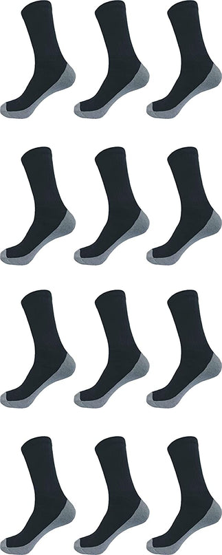 Men's Cotton Crew Socks 12 Pairs Pack Everyday Work Performance Cushion (Black With Grey Cushion, 13-15 King Size)